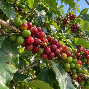 Könnte beinhalten: Ein Kaffeepflanzenzweig voller reifender Kaffeekirschen, die von Grün zu tiefem Rot wechseln. Die Kirschen sitzen dicht an holzigen Stielen, umgeben von breiten, glänzenden grünen Blättern unter einem hellblauen Himmel.