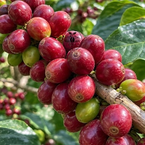 Könnte beinhalten: Eine Ansammlung reifer Kaffeekirschen an einem Zweig, mit tiefroten und einigen hellgrünen Früchten. Ein kreisförmiges Logo mit dem Text LARES ist auf einer der Kirschen zu sehen. Die Kirschen sind rund, glatt und an einem holzigen Stiel befestigt.