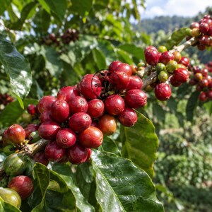 Könnte beinhalten: Ein Kaffeepflanzenzweig voller Trauben reifer, leuchtend roter Kaffeekirschen und einiger unreifer grüner Kirschen. Glänzende, dunkelgrüne Blätter umgeben die Früchte, und ein kreisförmiges schwarzes Logo mit Text ist auf der zentralen Traube zu sehen.