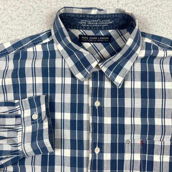 Pepe Jeans, Pepe Jeans Button Down Mens XL Blue Clark Plaid Long Sleeve Preppy Vintage 90s