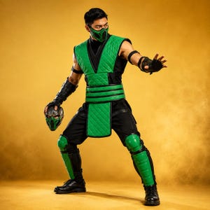 Könnte beinhalten: Ein grün-schwarzes Ninja-Kostüm mit einer gesteppten Weste, passender grüner Gesichtsmaske, schwarzen Armschützern und grünen Schienbeinschonern. Das Outfit umfasst eine schwarze Basisschicht, eine breite grüne Hüftschärpe und eine separate Maske.
