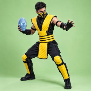 May include: A yellow and black quilted costume featuring a sleeveless vest, matching pants, shin guards, and knee pads. The outfit includes a yellow and black face mask and black gloves. A light blue, textured, human-like skull mask is held.