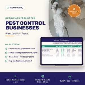 Könnte beinhalten: Ein Google Ads-Toolkit für Schädlingsbekämpfungsunternehmen mit einem Laptop, der eine Master-Keyword-Liste anzeigt. Die Grafik enthält Text mit Details zu 6 Tabellenkalkulations-Tools, 60 Keywords, 15 Überschriften, 10 Anzeigenbeschreibungen und einer Checkliste.