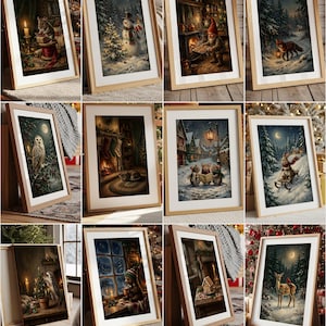 May include: A collection of twelve framed wall art prints featuring various winter and holiday scenes, including animals like mice, an owl, a fox, a rabbit, and a deer, alongside festive imagery like a snowman, a fireplace, and snowy landscapes.