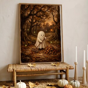 Vintage spöklövkrattning, utskrivbar Halloween-väggkonst, höstskymningsstugamålning, kuslig söt höstträdgårdsdekor, digital nedladdning