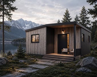 May include: A modern cabin with light wood siding and black accents, featuring a flat roof, a covered porch with two chairs, and a dark front door. The structure is situated in a natural landscape with pine trees, large rocks, and a lake.