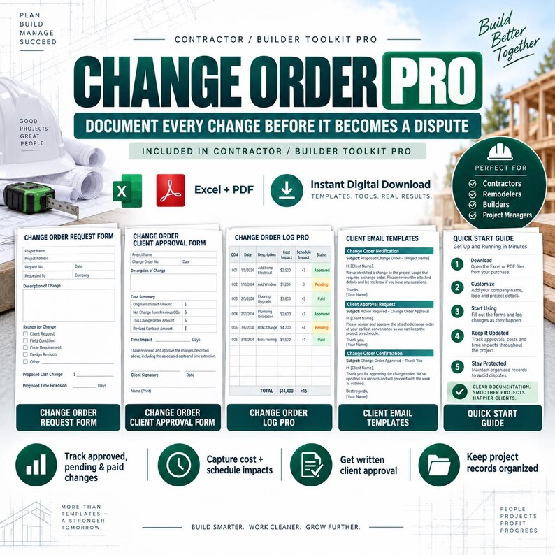 K&ouml;nnte beinhalten: Ein digitales Toolkit f&uuml;r Bauunternehmer namens Change Order Pro mit Vorlagen f&uuml;r &Auml;nderungsantr&auml;ge, Kundenfreigabeformulare, Protokolle und E-Mail-Vorlagen. Enth&auml;lt Excel- und PDF-Symbole, eine Kurzanleitung und Text.