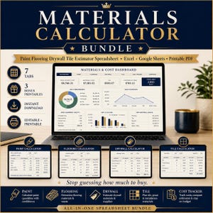 May include: A digital materials calculator bundle featuring a laptop displaying a materials and cost dashboard. The bundle includes spreadsheets for paint, flooring, drywall, and tile estimation, with printable PDFs and an editable cost tracker.