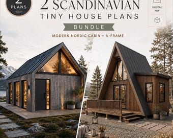 Puede incluir: Un paquete de planos en PDF digital para 2 casas pequeñas escandinavas, que incluye una cabaña nórdica moderna y una casa en forma de A. El gráfico muestra dos representaciones arquitectónicas de casas de madera con techos de metal oscuro y ventanales.