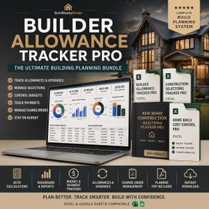 May include: A digital builder allowance tracker pro system displayed on a laptop screen showing financial charts and budget tables, alongside physical binders labeled for construction selections, home build cost control, and allowance tracking.