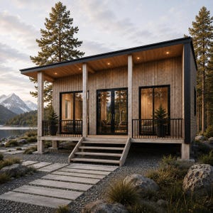 Peut inclure: Un chalet de plain-pied avec un bardage en bois vertical de couleur claire, un toit plat et une véranda. La structure présente des portes et fenêtres vitrées à cadre noir, un escalier en bois et des garde-corps en métal noir, face à un lac.