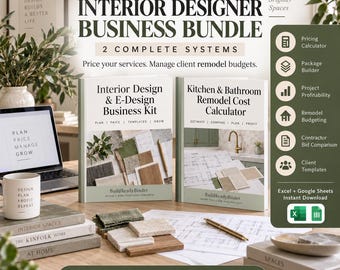 Interior Designer Business Bundle | E-Design Pricing Kit + Kitchen Bathroom Remodel Cost Calculator | Excel Google Sheets