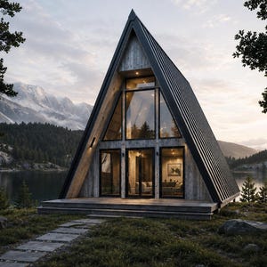 May include: A triangular A-frame cabin featuring weathered gray wood siding, a dark metal roof, and large floor-to-ceiling glass windows. The structure sits on a wooden deck with a stone path leading to the entrance, overlooking a calm lake.