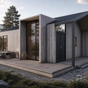 Op de afbeelding: Een moderne hut met lichtgrijze verticale houten gevelbekleding, een donker metalen dak en grote glazen ramen. De structuur beschikt over een ruim houten terras met een eettafel en stoelen, tegen een achtergrond van dennenbomen en bergen.