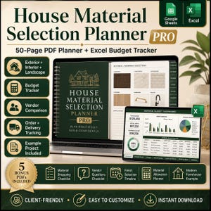 House Material Selection Planner PRO, Excel Budget Tracker, Home Finish Schedule, Interior Exterior Design PDF Planner
