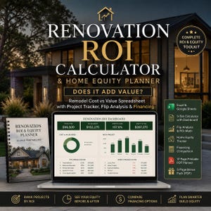 May include: A digital Renovation ROI Calculator and Home Equity Planner displayed on a laptop screen, featuring a dashboard with financial data, charts, and a 12-page printable PDF planner showing a house image on its cover, all set against a home background.