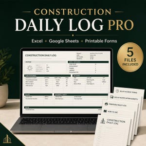 Puede incluir: Una plantilla digital de registro diario de construcción en una pantalla de portátil, con secciones para clima, personal, trabajo realizado, entregas, retrasos e incidentes de seguridad. Incluye cinco formularios imprimibles.
