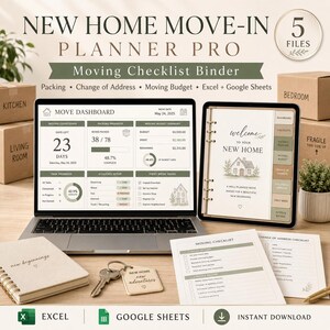 Flyttplanerare för nya hem PRO | Checklista för flyttpärm, pack- och kartonginventering, adressändring, flyttbudget, Excel + Google Sheets