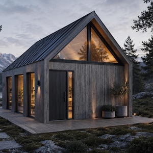 May include: A modern cabin with vertical gray wood siding, a dark metal gabled roof, and large glass windows. The structure features a dark front door, a wooden deck, and exterior wall-mounted lighting, set against a backdrop of mountains and trees.