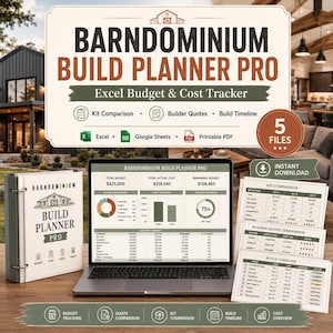 May include: A Barndominium Build Planner Pro digital toolkit featuring a binder, a laptop displaying an Excel budget dashboard, and printed comparison charts. The interface includes sections for kit comparisons, builder quotes, and build timelines.