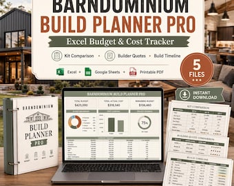Barndominium Build Planner PRO | Excel-Budget- und Kostenverfolgung, Bausatzvergleich, Angebote von Bauunternehmen, Bauzeitplan, Google Sheets + PDF