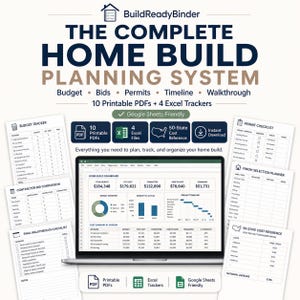 Home Build Planner Bundle, New Construction Checklist, Budget Tracker Excel, Contractor Bid Comparison, Final Walkthrough PDF