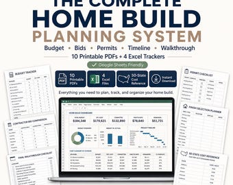 Home Build Planner Bundle, New Construction Checklist, Budget Tracker Excel, Contractor Bid Comparison, Final Walkthrough PDF