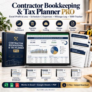May include: A digital contractor bookkeeping and tax planner pro system featuring an Excel dashboard, mileage log, and 1099 tracker. Includes a physical binder, digital spreadsheet templates, and PDF guides for job costing, quarterly taxes, and profit tracking.