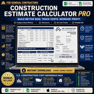 Construction Estimate Calculator PRO, Contractor Bid Spreadsheet, Excel Google Sheets + 2026 U.S. Cost Reference Bonus