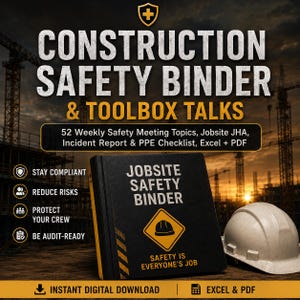 May include: A black binder titled JOBSITE SAFETY BINDER with a yellow hard hat icon and the text SAFETY IS EVERYONE'S JOB. The cover features yellow diagonal stripes. Beside it sits a white hard hat against a construction site background.