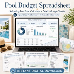 Puede incluir: Una hoja de cálculo de presupuesto de piscina digital en la pantalla de una computadora portátil, con un panel que muestra desgloses de costos, gráficos y tablas. Los documentos impresos incluyen un estimador y una lista de verificación.