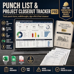 Puede incluir: Un Punch List and Project Closeout Tracker Pro digital en la pantalla de un portátil, con un panel de control, gráficos, métricas de proyecto y un planificador de espiral. Incluye iconos para archivos Excel, Google Sheets y PDF de gestión.