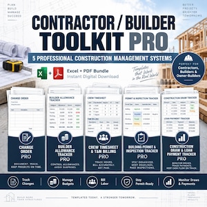 Op de afbeelding: Contractor Builder Toolkit Pro met vijf professionele bouwbeheersystemen in een Excel en PDF bundel. Bevat sjablonen voor wijzigingsopdrachten, budgetbewaking, urenstaten, vergunningcontrole en het bijhouden van bouwbetalingen en leningen.