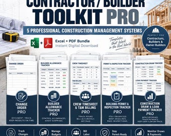 Contractor Builder Toolkit PRO Bundle, Construction Management Excel Templates, Change Order, Timesheet, Permit, Allowance & Draw Tracker