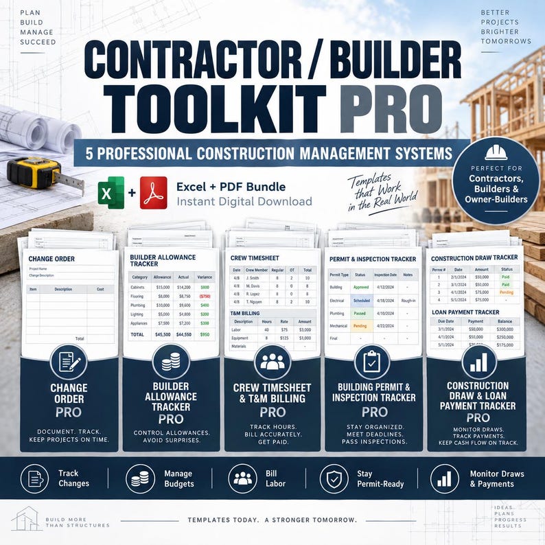 K&ouml;nnte beinhalten: Contractor Builder Toolkit Pro mit f&uuml;nf professionellen Baumanagementsystemen als Excel- und PDF-Paket. Enth&auml;lt Vorlagen f&uuml;r &Auml;nderungsauftr&auml;ge, Budgetverfolgung, Stundenzettel, Genehmigungs&uuml;berwachung sowie Baufinanzierungs- und Auszahlungspl&auml;ne.