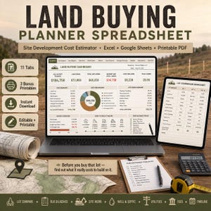Könnte beinhalten: Eine digitale Tabellenkalkulation zur Planung von Grundstückskäufen auf einem Laptop- und Tablet-Bildschirm, mit einem Dashboard für Kostenschätzungen, einem Arbeitsblatt zum Grundstücksvergleich, einer Checkliste und einer Landkarte.