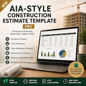 May include: A laptop displaying an AIA-style construction estimate template with a spreadsheet, bar charts, and a pie chart. The screen shows text including Professional Estimates, Better Bids, Higher Profits, and an all-in-one estimating solution badge.