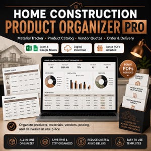 Puede incluir: Un panel digital de organización de productos de construcción en la pantalla de un portátil, con gráficos, tablas y datos para seguimiento de materiales, presupuestos de proveedores y entregas. Incluye plantillas impresas y archivos digitales.