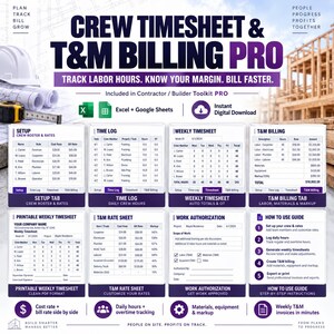 K&ouml;nnte beinhalten: Eine digitale Vorlage f&uuml;r Crew Timesheet & T&M Billing Pro mit Abschnitten f&uuml;r Einrichtung, Zeitprotokolle, w&ouml;chentliche Stundenzettel, T&M-Abrechnung, druckbare Bl&auml;tter, Preislisten, Arbeitsgenehmigungen und eine Anleitung zur Nachverfolgung von Arbeitsstunden.