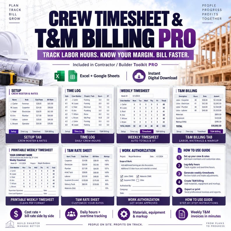 K&ouml;nnte beinhalten: Eine digitale Vorlage f&uuml;r Crew Timesheet & T&M Billing Pro mit Abschnitten f&uuml;r Einrichtung, Zeitprotokolle, w&ouml;chentliche Stundenzettel, T&M-Abrechnung, druckbare Bl&auml;tter, Preislisten, Arbeitsgenehmigungen und eine Anleitung zur Nachverfolgung von Arbeitsstunden.