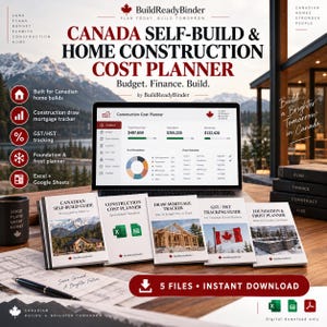 May include: A digital Canada self-build and home construction cost planner set featuring a laptop displaying a dashboard, five printed guide booklets, a black pen, and architectural blueprints. The materials include guides for construction, finance, and tax.