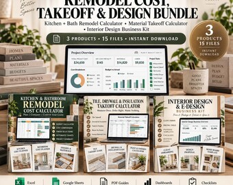 Kitchen Bathroom Remodel Cost Calculator Bundle, Material Takeoff Spreadsheet, Interior Design Business Kit, Contractor Renovation Planner