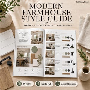 May include: A digital PDF style guide titled Modern Farmhouse Style Guide: Finishes, Fixtures & Color — Room by Room. The open book displays interior design layouts, color palettes, and fixture examples for living rooms, kitchens, bedrooms, and bathrooms.