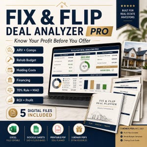 May include: A Fix & Flip Deal Analyzer Pro software interface on a laptop screen, featuring financial data, charts, and a spiral-bound Fix & Flip Deal Planner project workbook. Includes icons for ARV, rehab budget, holding costs, financing, and ROI.
