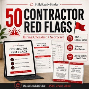Puede incluir: Un conjunto de productos digitales titulado 50 Contractor Red Flags que incluye una tableta con una lista de verificación y tarjeta de puntuación, documentos impresos y dos guías adicionales sobre costes y tamaños de construcción en EE. UU. 2026.