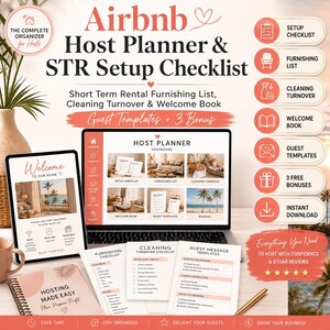 Airbnb-värdplanerare och checklista för upprättande av korttidsuthyrning, möbleringslista för korttidsuthyrning, städning, välkomstbok, gästmallar + 3 bonusar