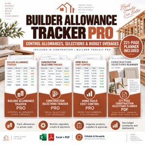 K&ouml;nnte beinhalten: Ein digitales Builder Allowance Tracker Pro Toolkit mit vier verschiedenen Dokumentvorlagen f&uuml;r das Baumanagement. Die wei&szlig;en Seiten zeigen Tabellen zur Nachverfolgung von Budgets, Zulagen und Auswahlen, akzentuiert mit rostorangen Kopfzeilen.