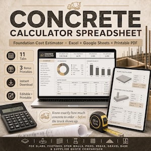 May include: A digital concrete calculator spreadsheet displayed on a laptop and tablet screen, featuring project cost, concrete volume, and rebar data. Includes a black calculator, a rolled blueprint, and a 25-foot yellow measuring tape.