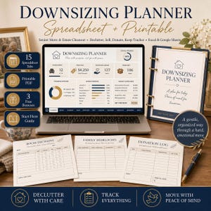 Op de afbeelding: Een digitale verhuisplanner weergegeven op een laptopscherm, vergezeld van een fysieke map, drie geprinte formulieren met de titels Room Decisions, Family Heirlooms en Donation Log, en een pen. De interface toont grafieken, voortgang en financiële gegevens.