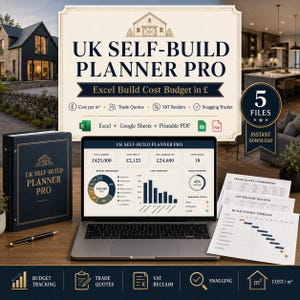 May include: A digital UK Self-Build Planner Pro set including a laptop displaying a budget dashboard, a dark blue binder, and printed documents. The interface shows cost per square meter, trade quotes, VAT reclaim, and a snagging tracker.